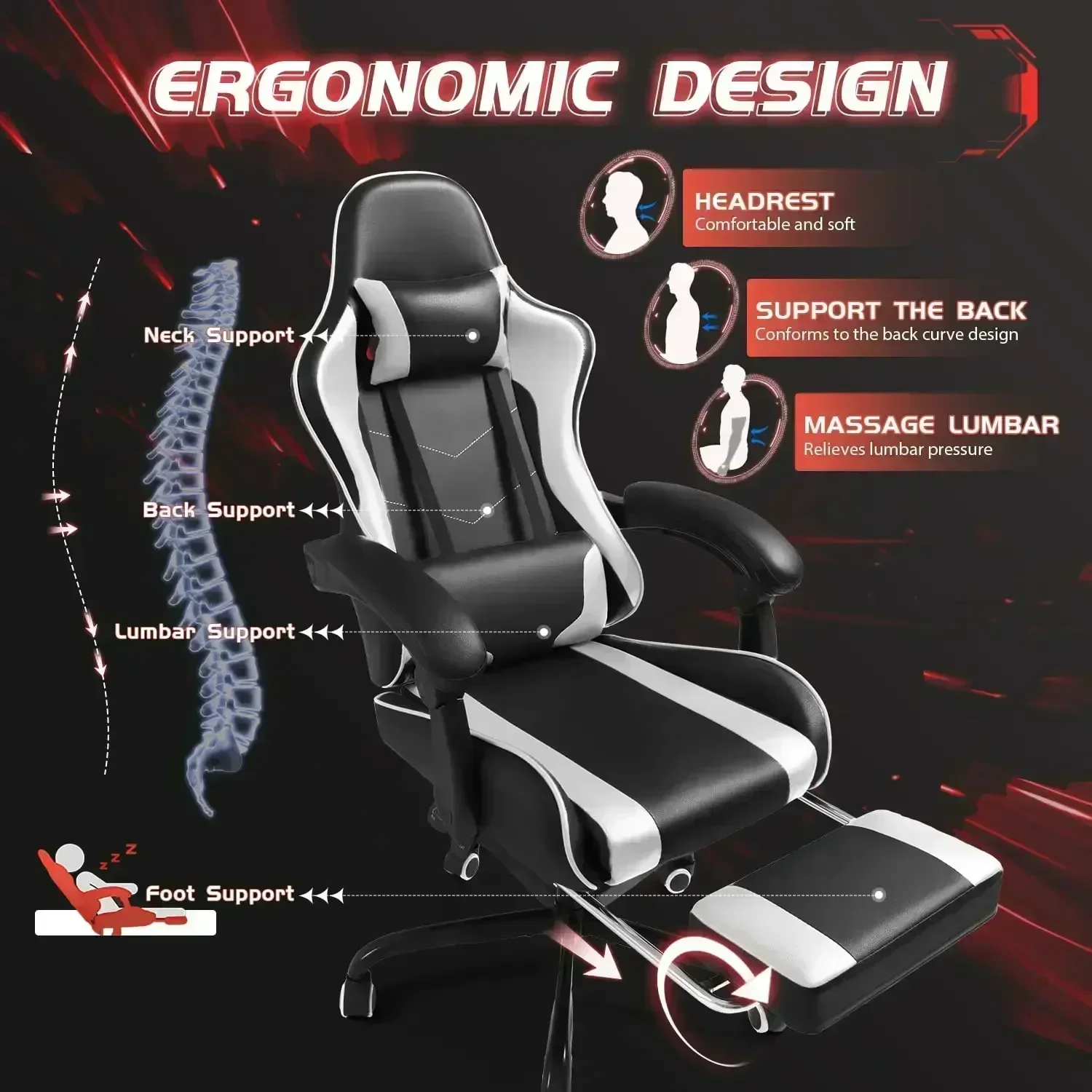 Ergonomic Gamer Chair with Footrest & Lumbar Support - Image 4